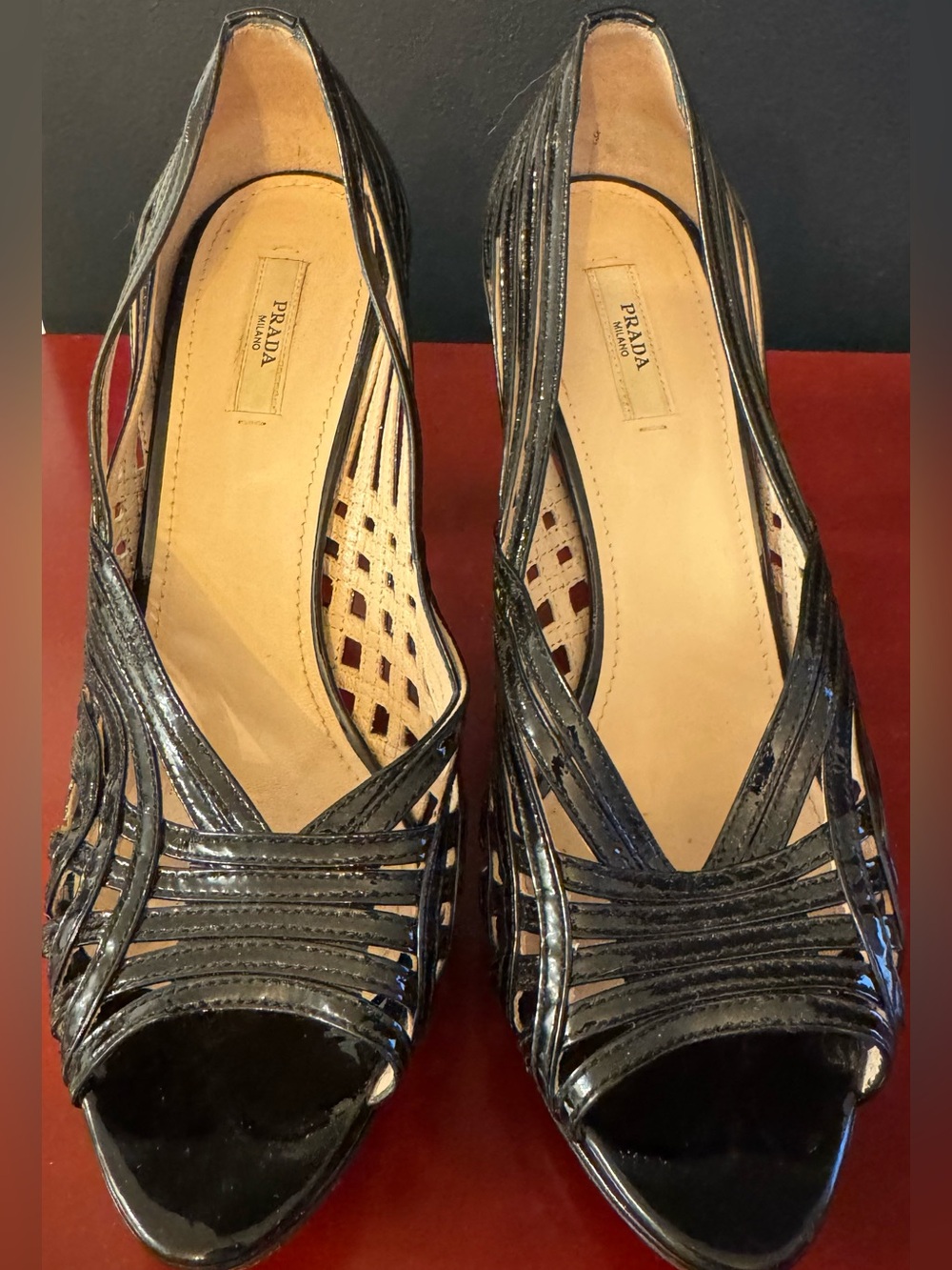Prada Black Patent Leather Strappy Peep-Toe Heels